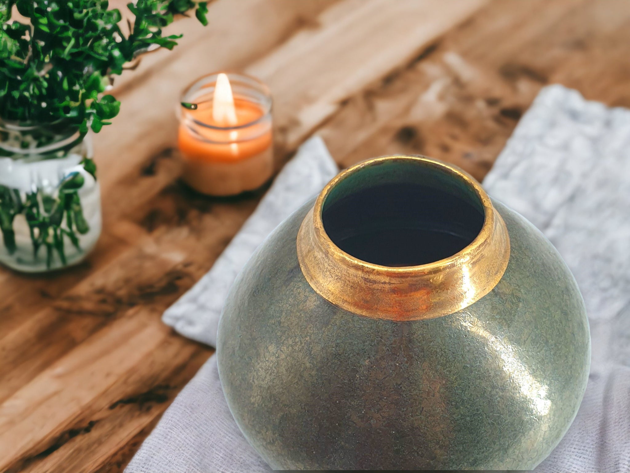 Handmade Ceramic Moon Jar -Dark Green pottery Bowl with gold rim - Entry way table display Vase