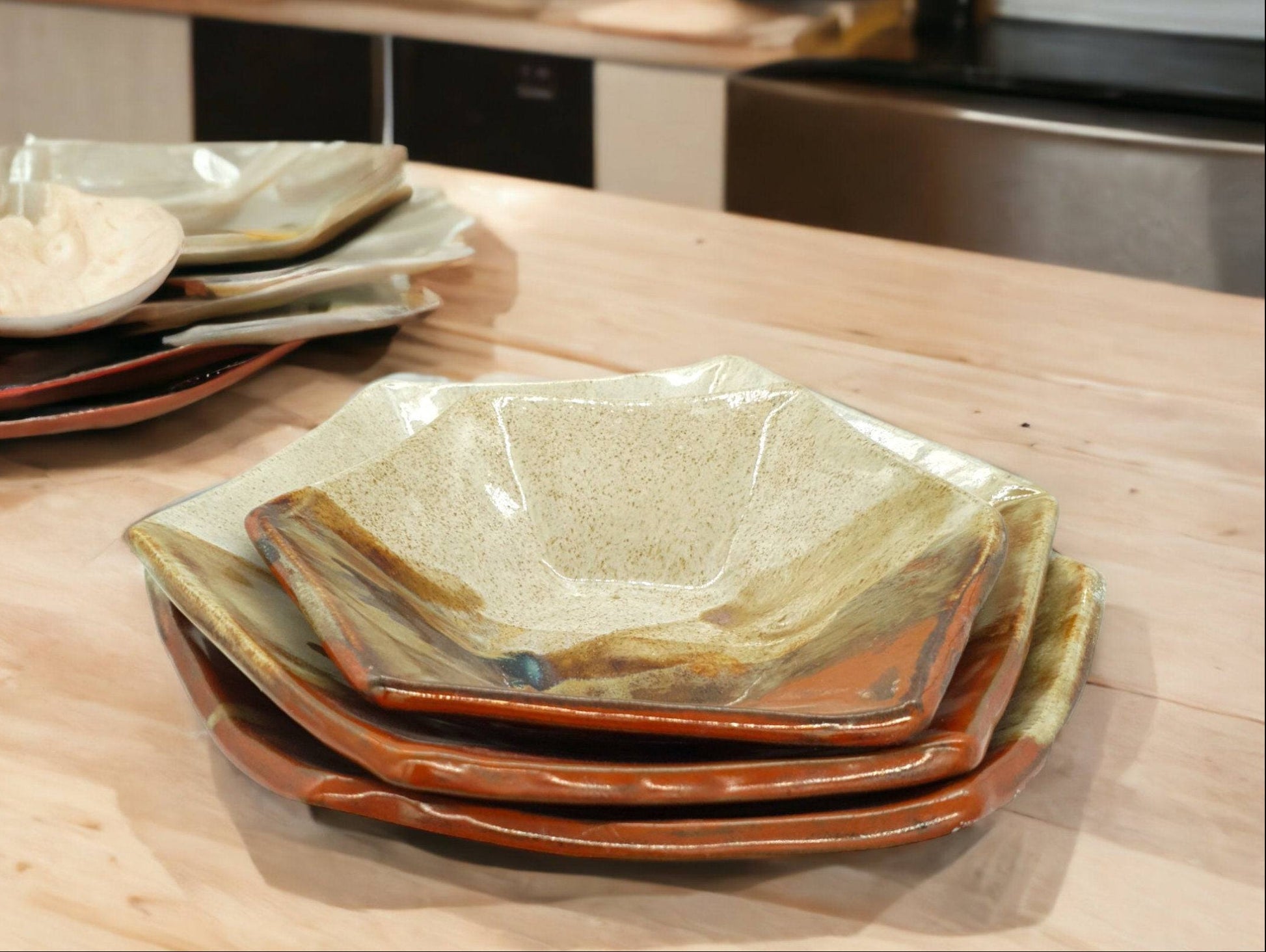 Handmade hexagonal stoneware serving bowl – red-brown and cream glaze