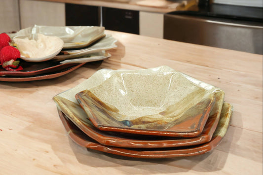 Handmade hexagonal stoneware serving bowl – red-brown and cream glaze