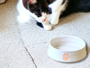 Hand-made Pottery pet bowl - Ceramic Pet water bowl with paw prints - high-sided plate for your fur baby - cat feeder.- small dog bowl