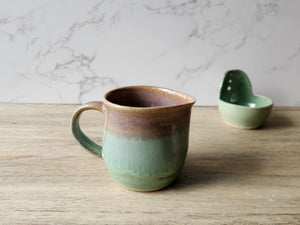 Handmade pottery Jug, 300ml ceramic creamer, Australian-made milk jug, Green and Brown cream jug, gravy boat, ceramic milk jug.