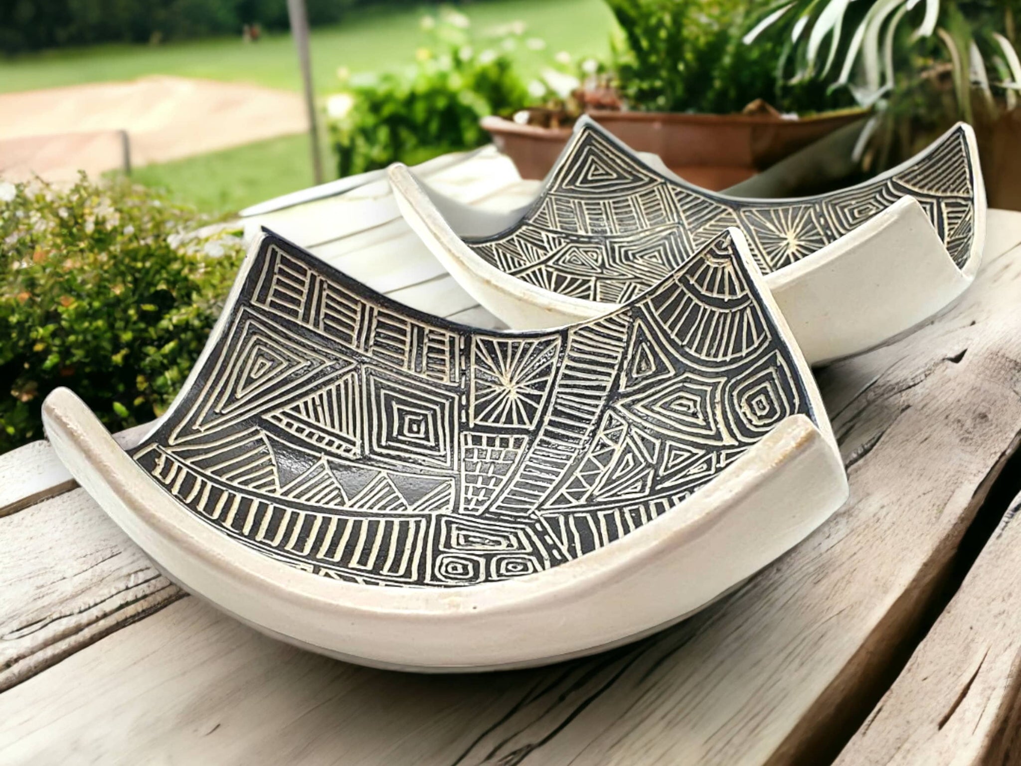 Hand-made ceramic bowls - carved pottery display plates/ bowls - serving or centrepiece - beautiful unique gift - home decor