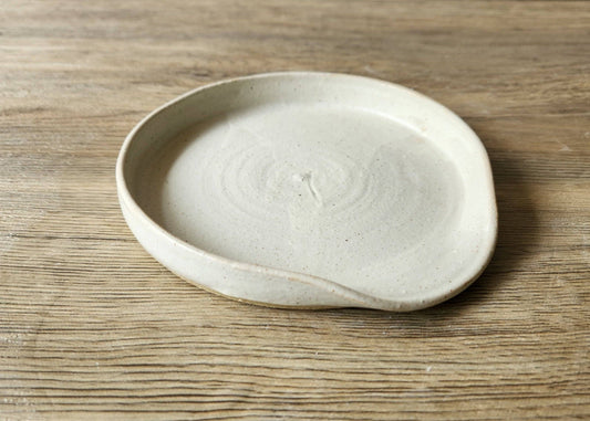 Extra large handmade ceramic spoon rest in speckled cream glaze