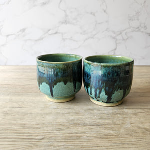 Artisan handmade pottery mug – yunomi tea cup in green drip glaze