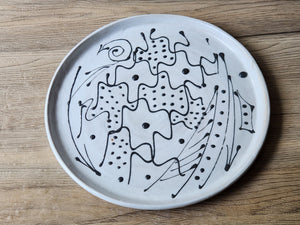 Handmade pottery plate - Australian-made Ceramic medium plate - unique gift - black and white decorated platter - Unique gift