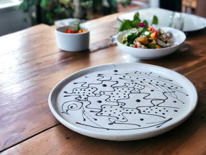 Handmade pottery plate - Australian-made Ceramic medium plate - unique gift - black and white decorated platter - Unique gift