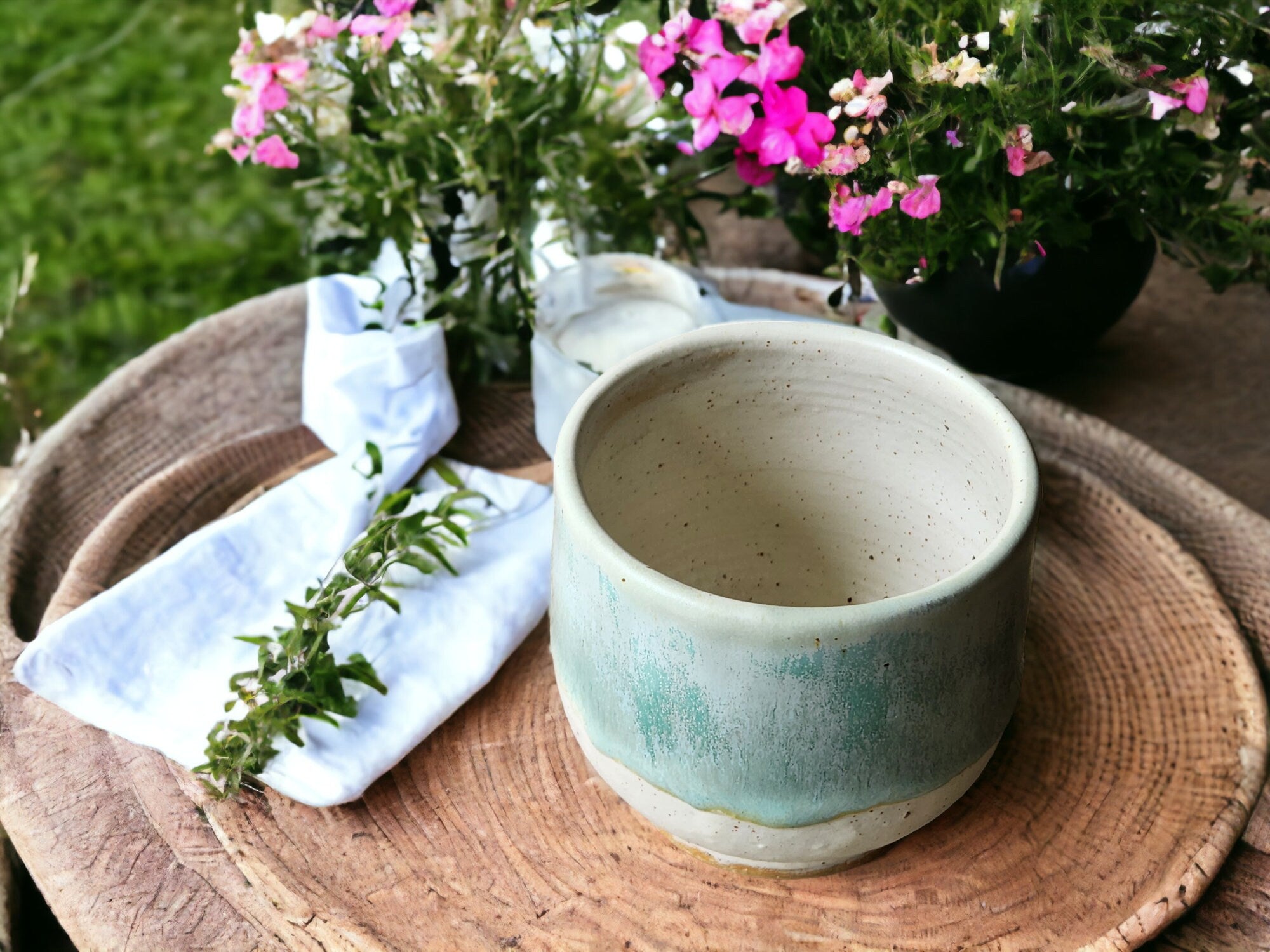 Hand made Japanese style tea cup - whisky cup - Ceramic yunomi with mottled spearmint-buttermilk glaze -Guinomi - Handmade pottery mug