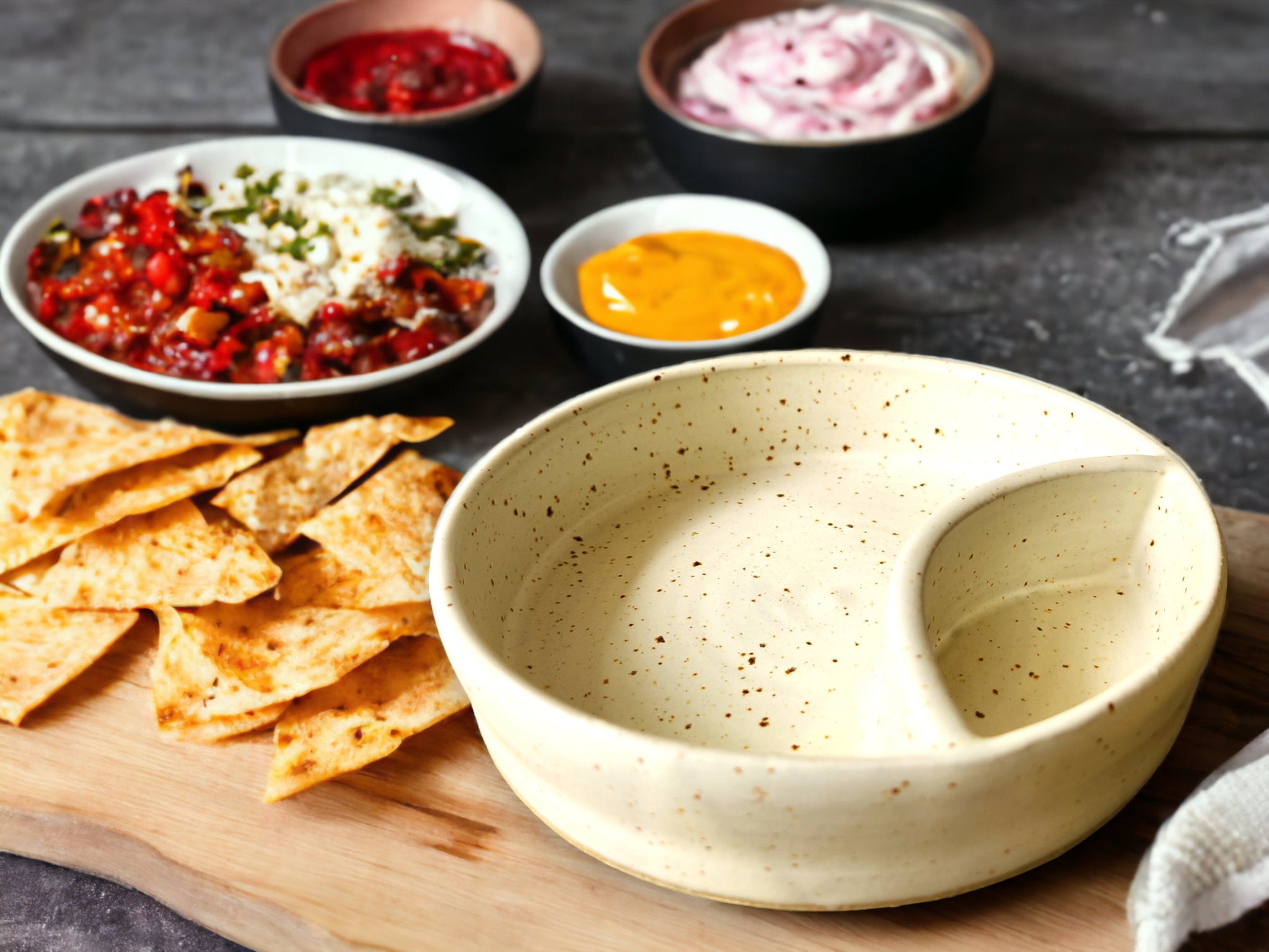 Hand-made Pottery Chip and dip bowl in speckle buttermilk glaze-Ceramic individual snack size chip and dip platter - TV plate for one