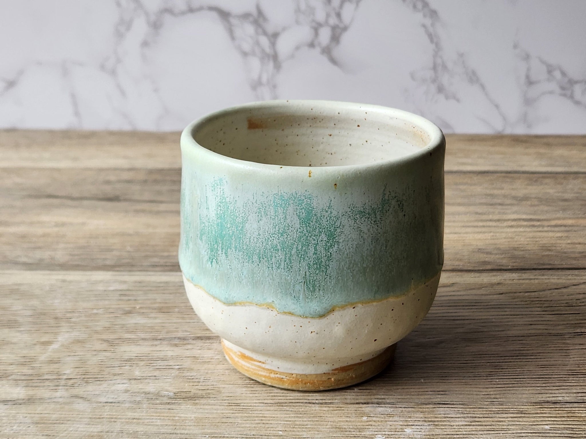 Hand made Japanese style tea cup - whisky cup - Ceramic yunomi with mottled spearmint-buttermilk glaze -Guinomi - Handmade pottery mug