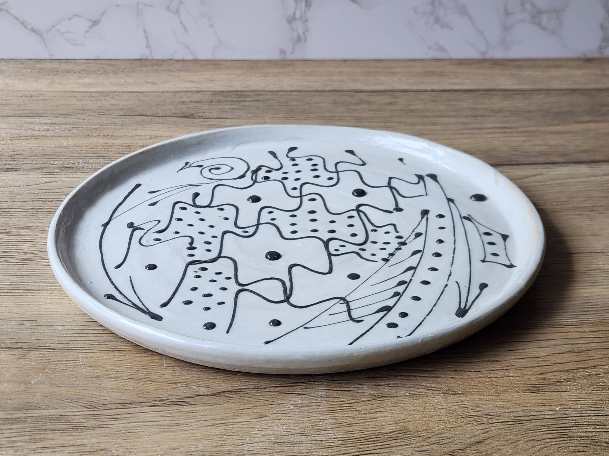 Handmade pottery plate - Australian-made Ceramic medium plate - unique gift - black and white decorated platter - Unique gift