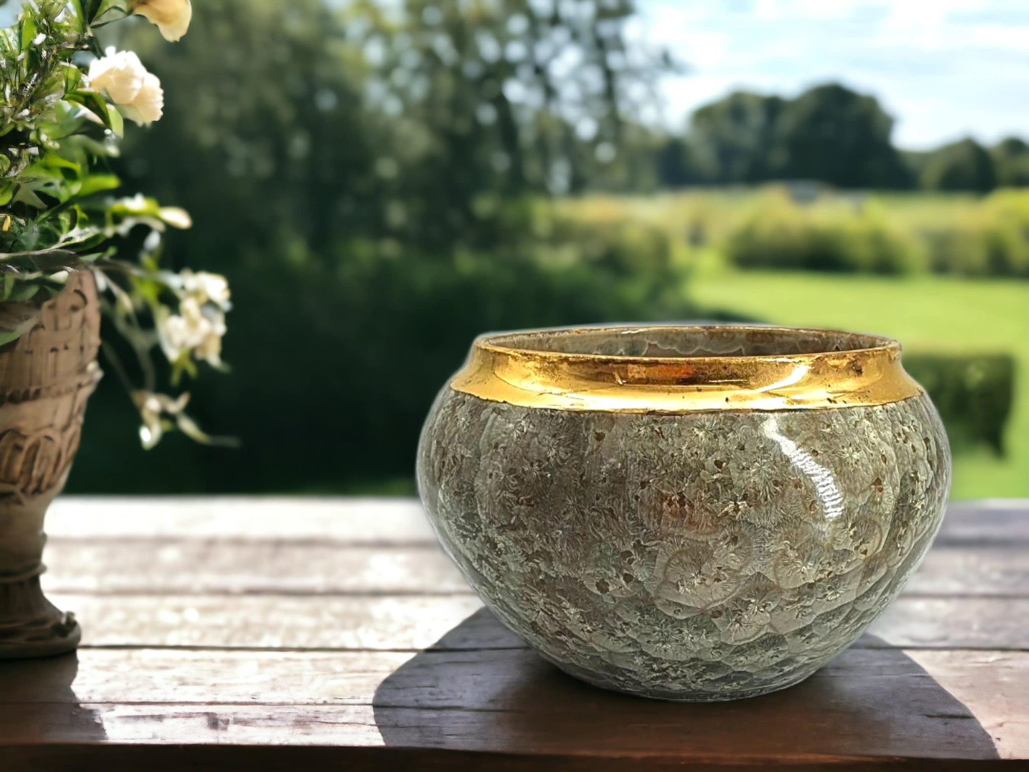 Hand made Pottery bowl - Gold trim - Crystalline glaze - porcelain ceramic coffee table bowl