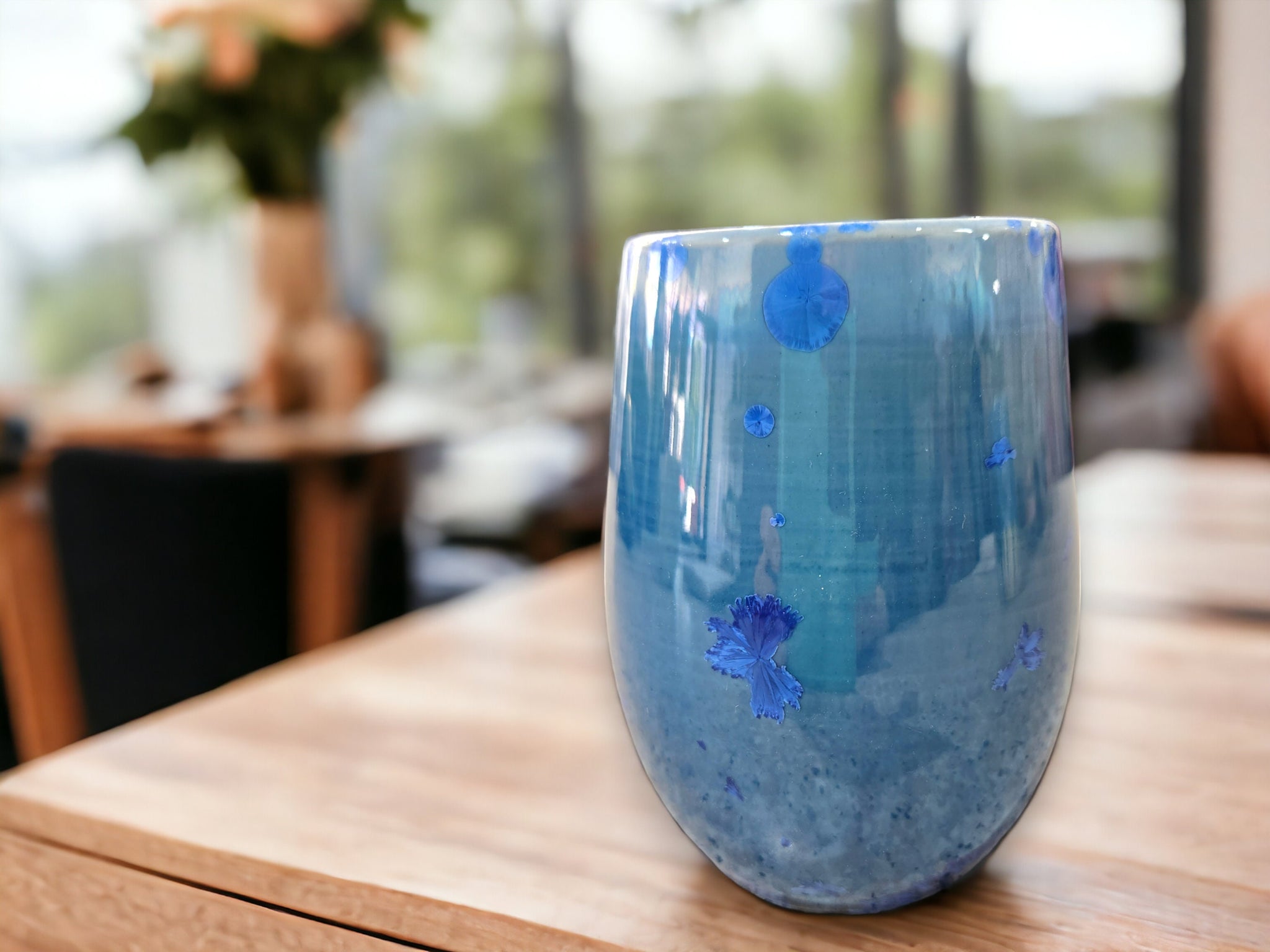 Large crystalline vase featuring a blue popular glaze