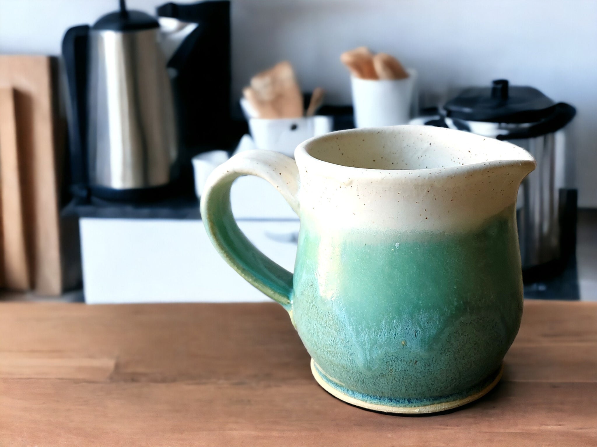 Handmade pottery Jug, 350ml ceramic creamer, australian made milk jug, Green and Butterrmilk creamer, gravy boat, milk jug