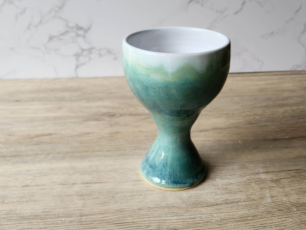Mottled green stoneware wine goblet, 200ml capacity