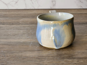 Hand-made pottery mug, A large 300ml ceramic cup, tea lover cup, Mottled cream and Blue unique ceramic cup