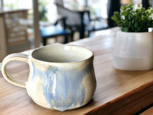 Hand-made pottery mug, A large 300ml ceramic cup, tea lover cup, Mottled cream and Blue unique ceramic cup