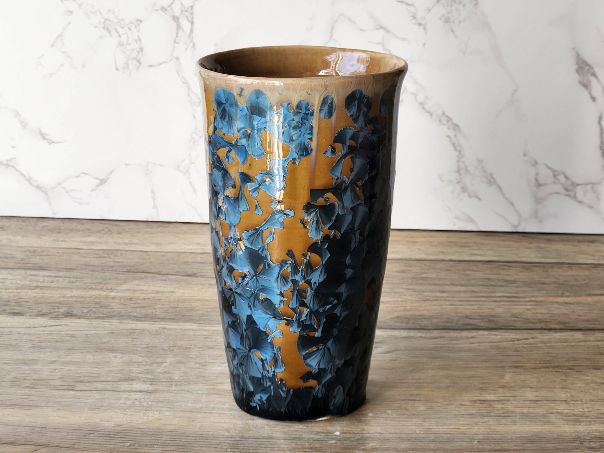 Handmade pottery Crystalline vase - Ceramic vase blue crystals on orange - Flower vase - display vase