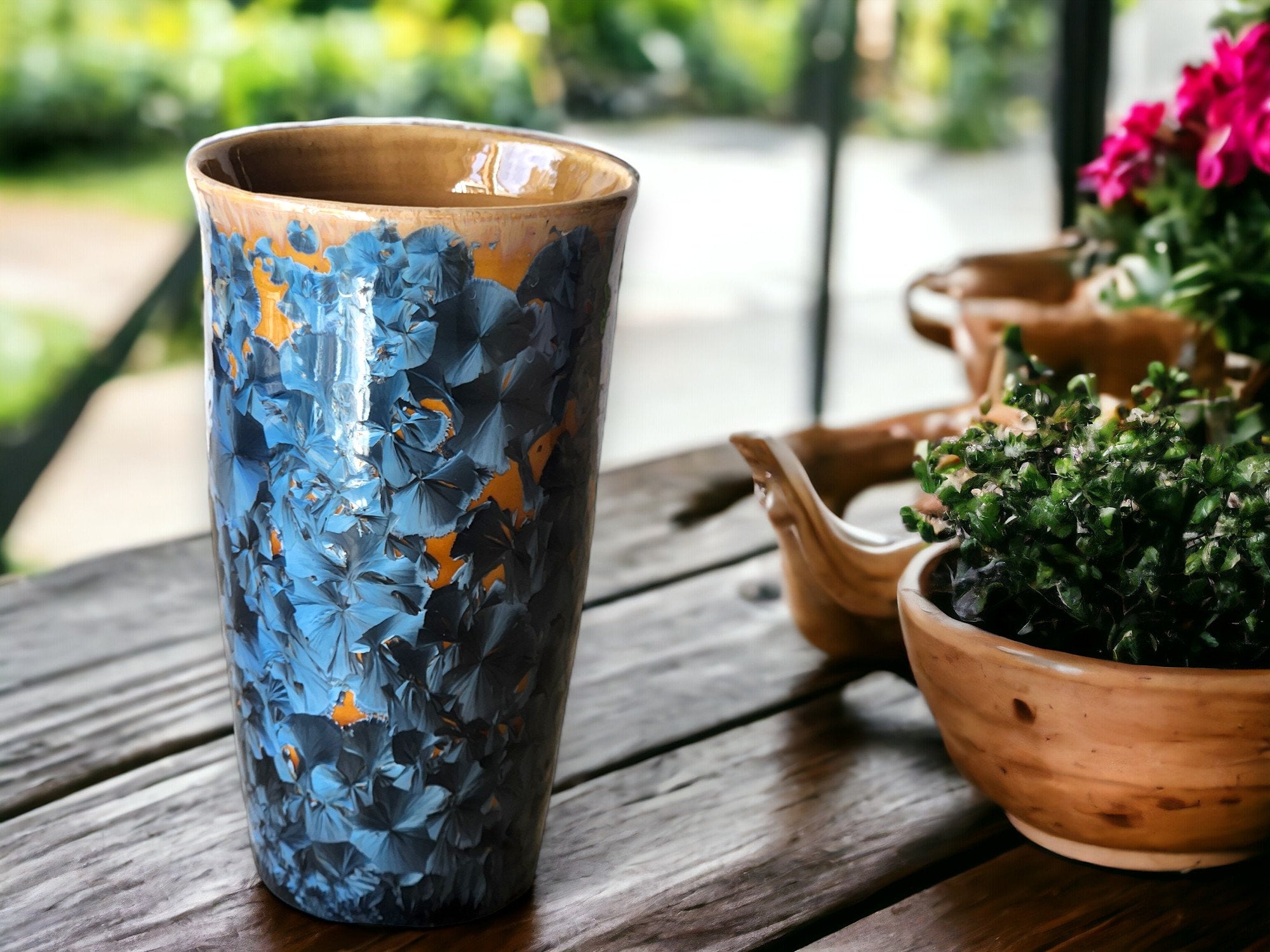 Handmade pottery Crystalline vase - Ceramic vase blue crystals on orange - Flower vase - display vase