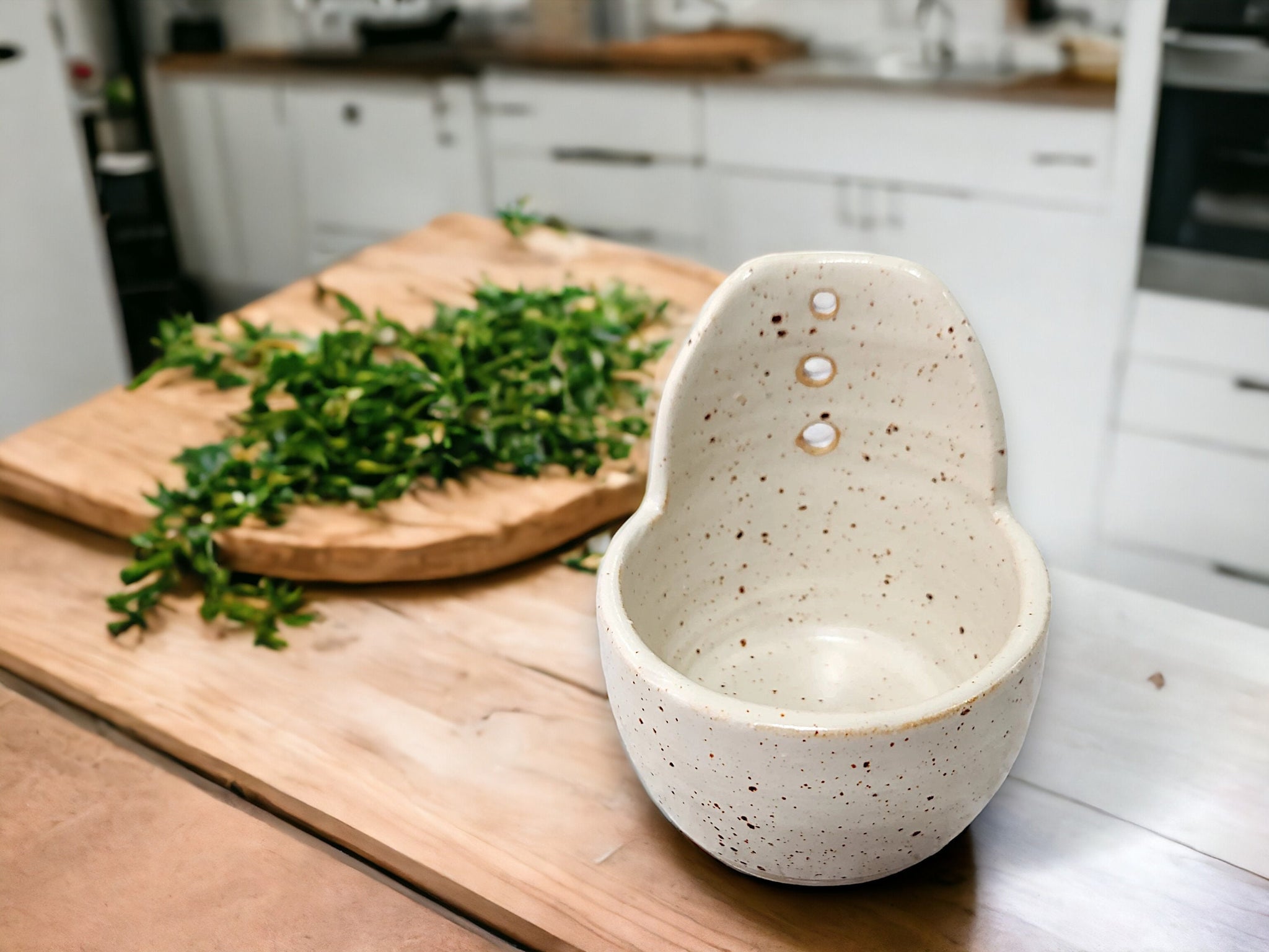 Handmade speckled cream ceramic herb stripper bowl – pottery made in Melbourne