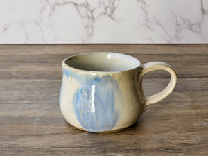 Hand-made pottery mug, A large 300ml ceramic cup, tea lover cup, Mottled cream and Blue unique ceramic cup