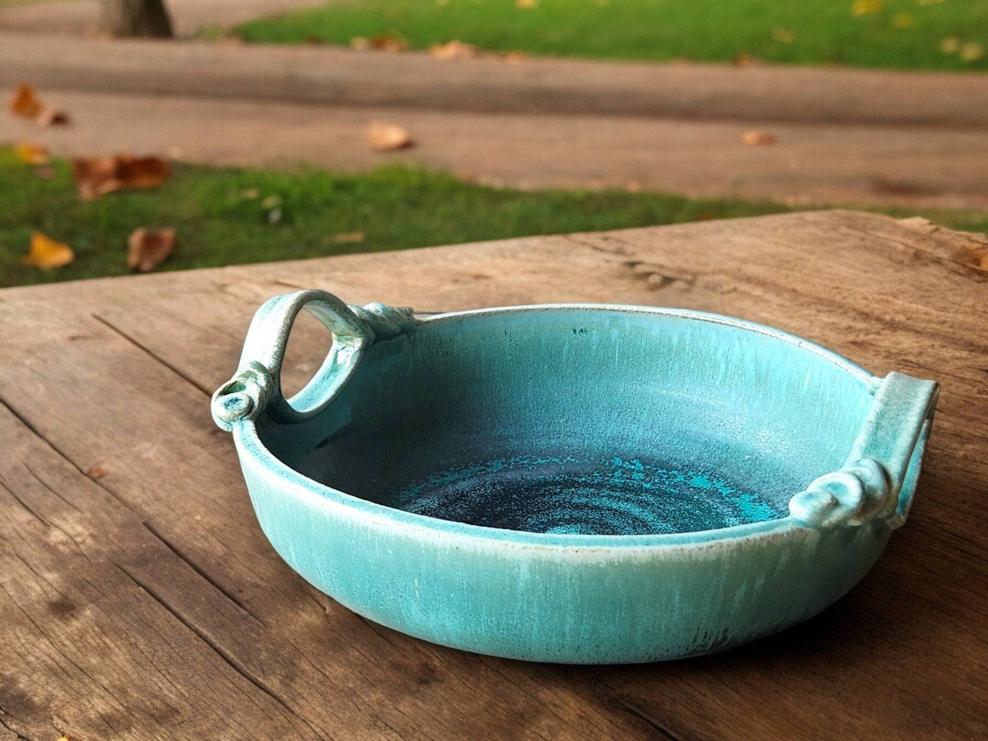 Handmade stoneware serving bowl with layered glaze finish
