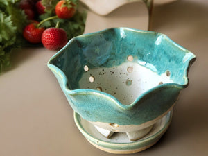 Handmade pottery cream speckle glazed berry bowl - Ceramic colander with saucer - kitchen gift