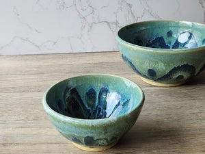 Handmade pottery bowl- glossy soft green and blue glaze - Ceramic desert or breakfast bowl - individual salad bowl