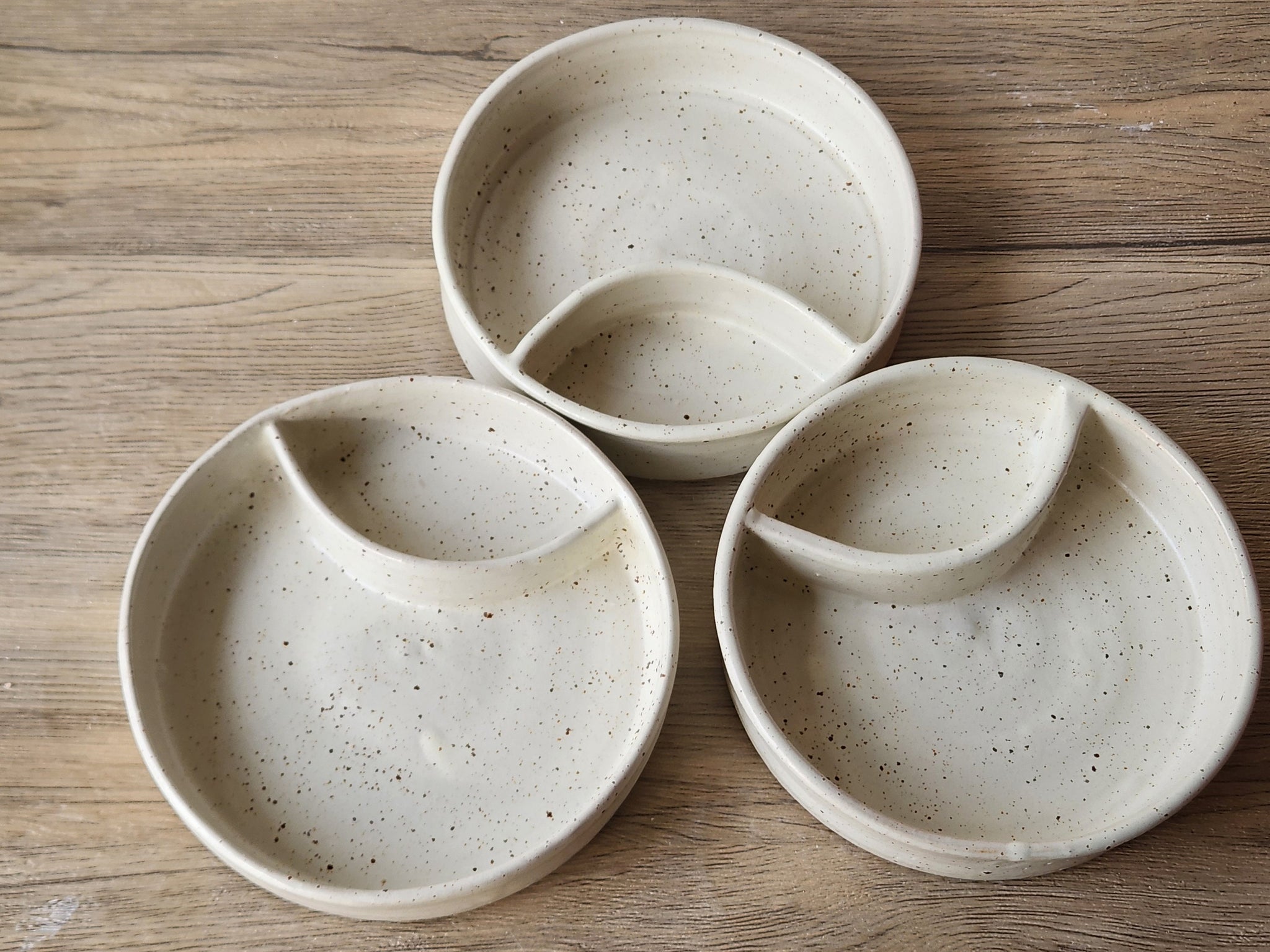 Hand-made Pottery Chip and dip bowl in speckle buttermilk glaze-Ceramic individual snack size chip and dip platter - TV plate for one