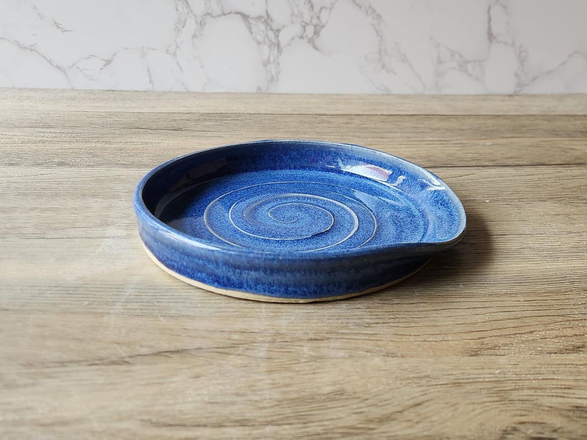 Hand made Ex large pottery Spoon rest - Mid Blue ceramic spoon rest - kitchen gift - spoon rest for kitchen counter- ladle rest