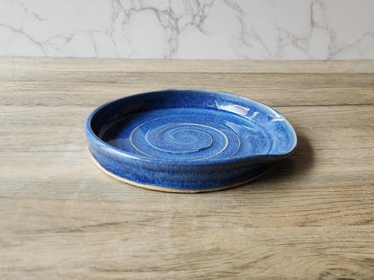 Hand made Ex large pottery Spoon rest - Mid Blue ceramic spoon rest - kitchen gift - spoon rest for kitchen counter- ladle rest