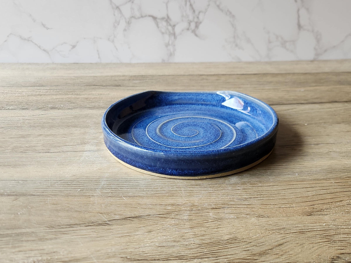 Hand made Ex large pottery Spoon rest - Mid Blue ceramic spoon rest - kitchen gift - spoon rest for kitchen counter- ladle rest