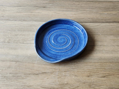 Hand made Ex large pottery Spoon rest - Mid Blue ceramic spoon rest - kitchen gift - spoon rest for kitchen counter- ladle rest