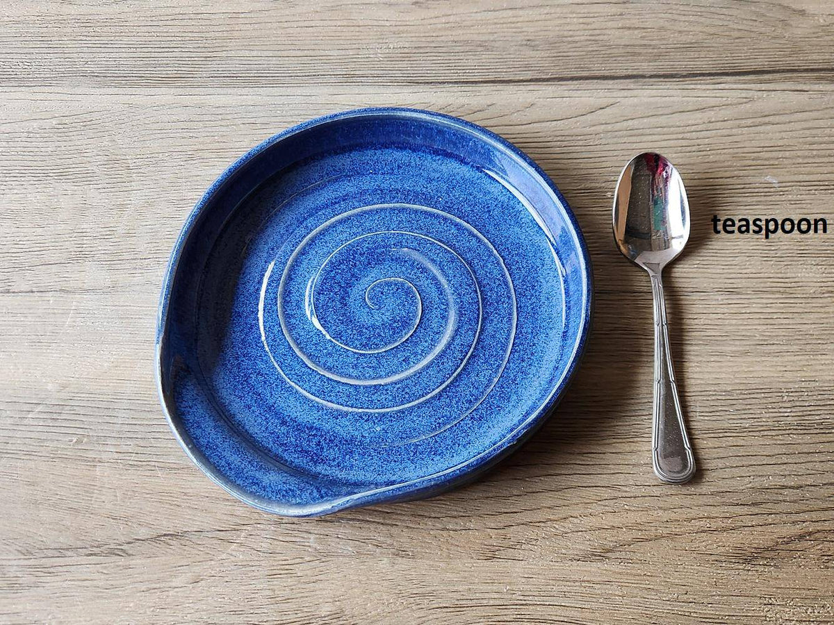 Hand made Ex large pottery Spoon rest - Mid Blue ceramic spoon rest - kitchen gift - spoon rest for kitchen counter- ladle rest