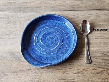 Hand made Ex large pottery Spoon rest - Mid Blue ceramic spoon rest - kitchen gift - spoon rest for kitchen counter- ladle rest