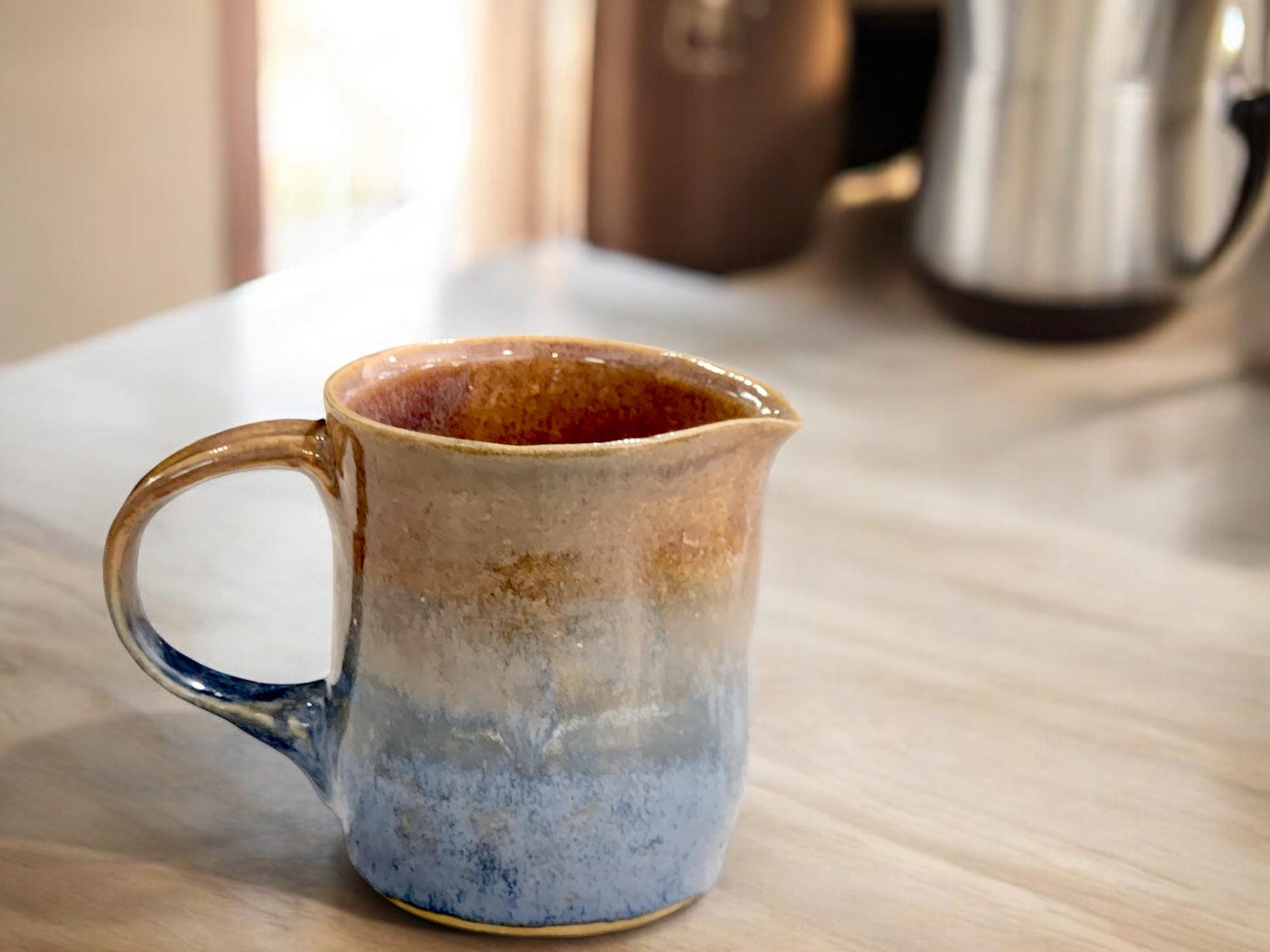 Handmade pottery Jug, 300ml ceramic creamer, Australian-made milk jug, Blue and brown cream jug, gravy boat, ceramic milk jug.