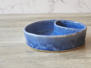 Hand made Pottery Chip and dip bowl -Ceramic individual snack size chip and dip platter -Blue TV plate for one - unique gift for him