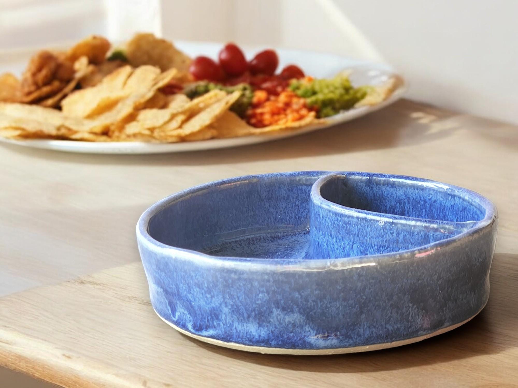 Hand made Pottery Chip and dip bowl -Ceramic individual snack size chip and dip platter -Blue TV plate for one - unique gift for him