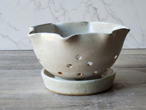 Handmade pottery cream speckle glazed berry bowl - Ceramic colander with saucer - kitchen gift