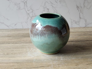 Hand-made pottery Moon Jar - ceramic round vase in Mottled Greens -perfect for an entry way table or coffee table