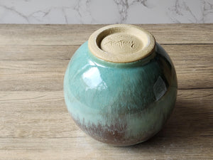 Hand-made pottery Moon Jar - ceramic round vase in Mottled Greens -perfect for an entry way table or coffee table