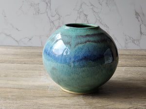 Handmade pottery bottle vase - Mottled Greens moon jar - Ceramic globe vase - unique gift