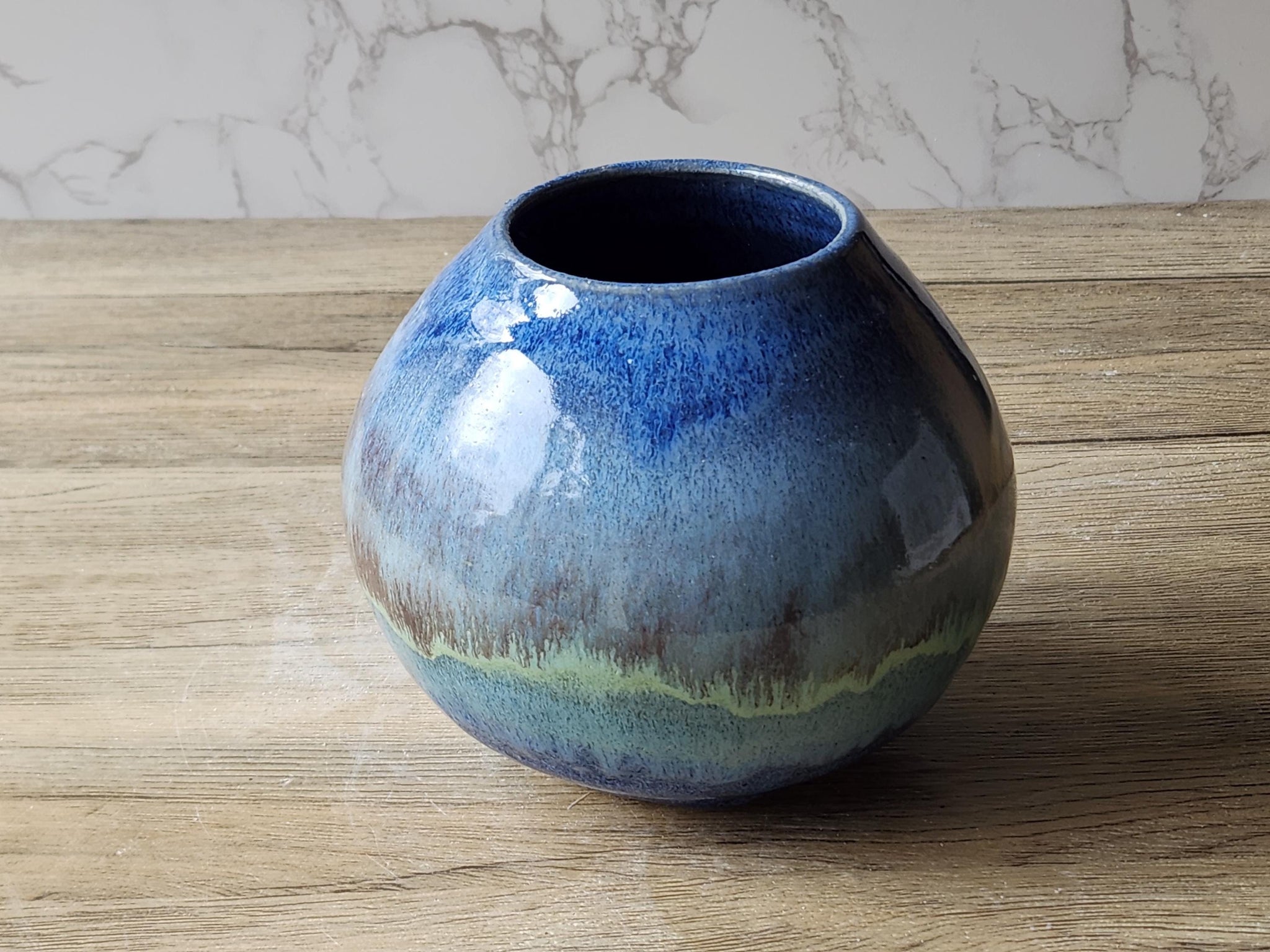 Handmade pottery vase - Mottled Greens moon jar - Ceramic globe vase - unique gift