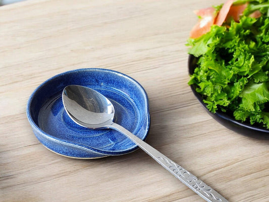 Handmade mid blue ceramic spoon rest – pottery kitchen holder with spoon 