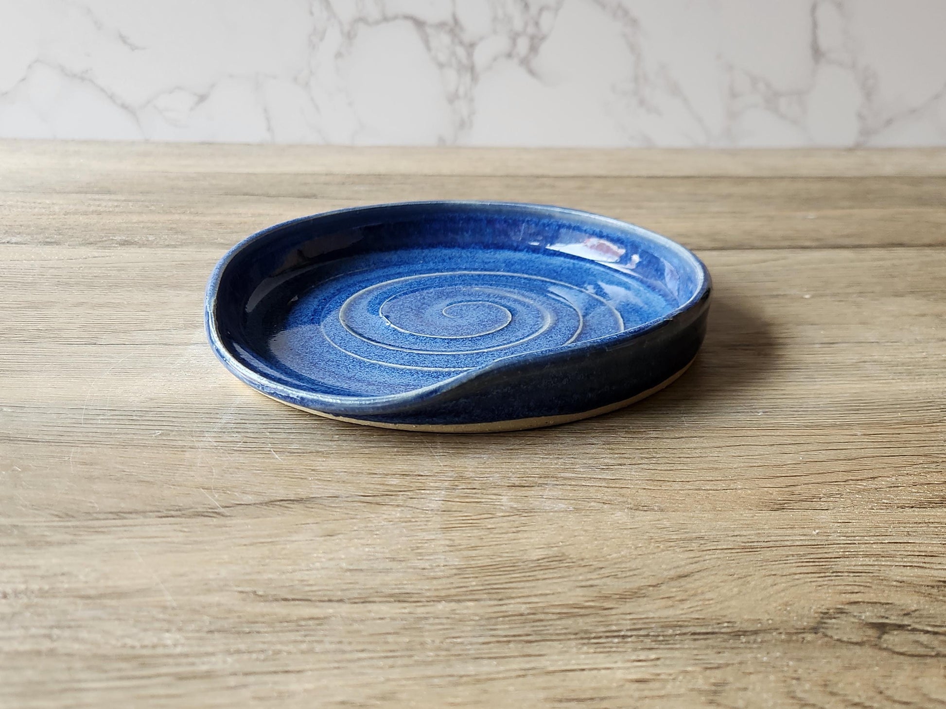 Hand made Ex large pottery Spoon rest - Mid Blue ceramic spoon rest - kitchen gift - spoon rest for kitchen counter- ladle rest