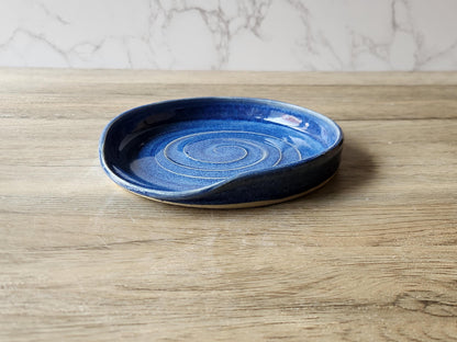 Hand made Ex large pottery Spoon rest - Mid Blue ceramic spoon rest - kitchen gift - spoon rest for kitchen counter- ladle rest
