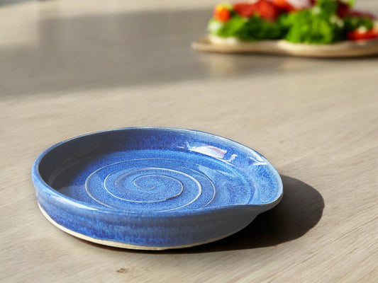 Hand made Ex large pottery Spoon rest - Mid Blue ceramic spoon rest - kitchen gift - spoon rest for kitchen counter- ladle rest