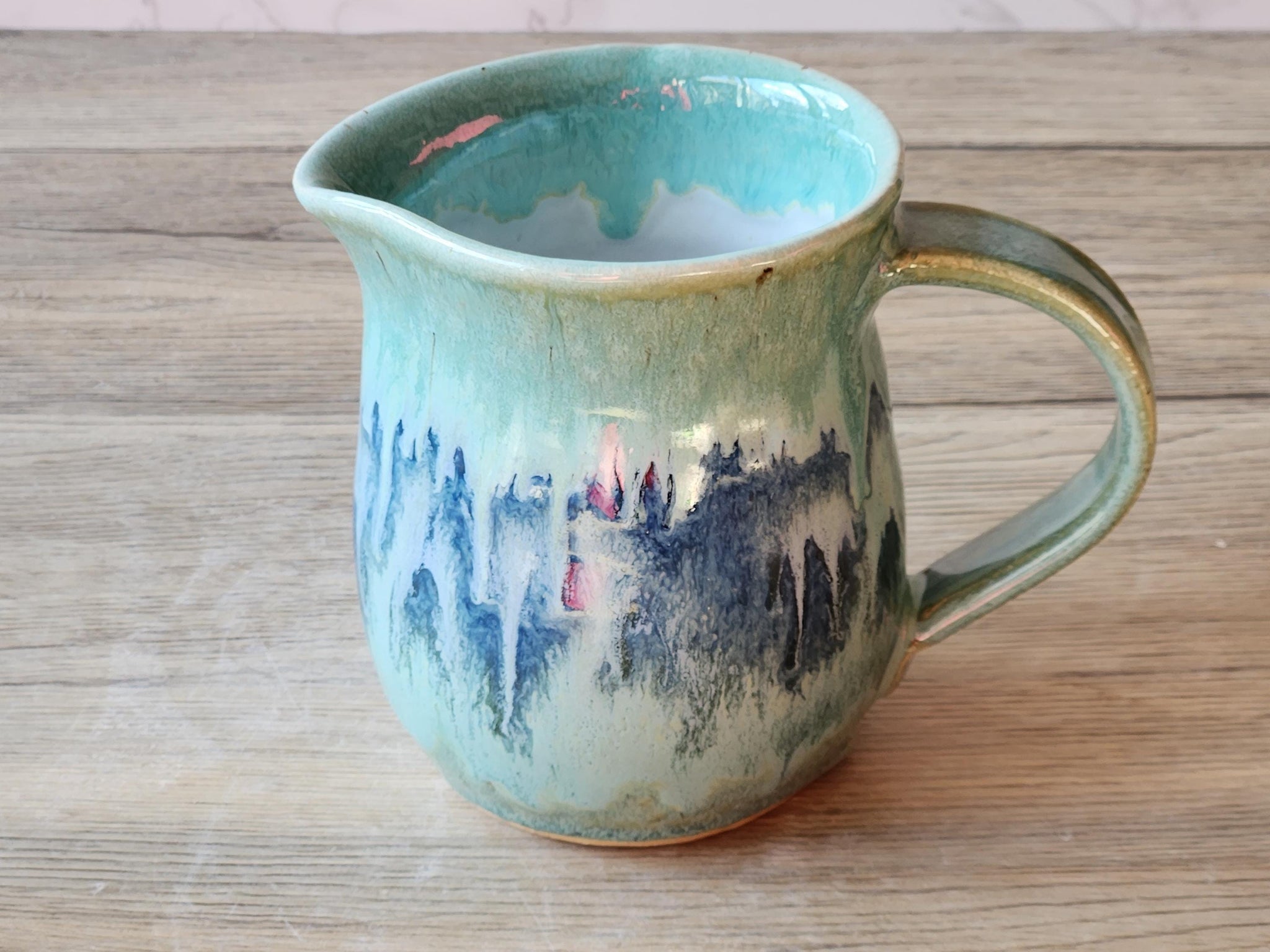 Handmade pottery Jug, 400ml ceramic creamer, Australian-made milk jug, mottled Green creamer, gravy boat, milk jug