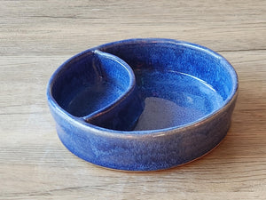 Hand made Pottery Chip and dip bowl -Ceramic individual snack size chip and dip platter -Blue TV plate for one - unique gift for him