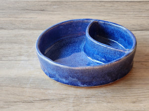 Hand made Pottery Chip and dip bowl -Ceramic individual snack size chip and dip platter -Blue TV plate for one - unique gift for him