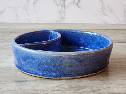 Blue Handmade pottery chip and dip dish – rustic mottled glaze